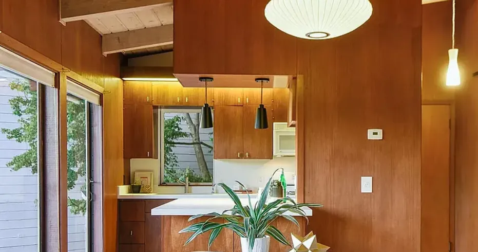 Kitchen with redwood cabinets
