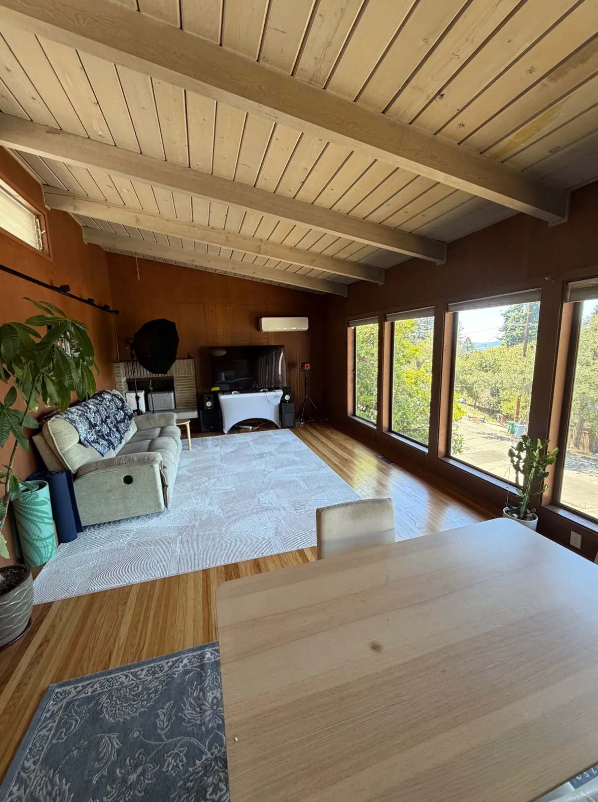 The living room today, with a wall of windows over the trees