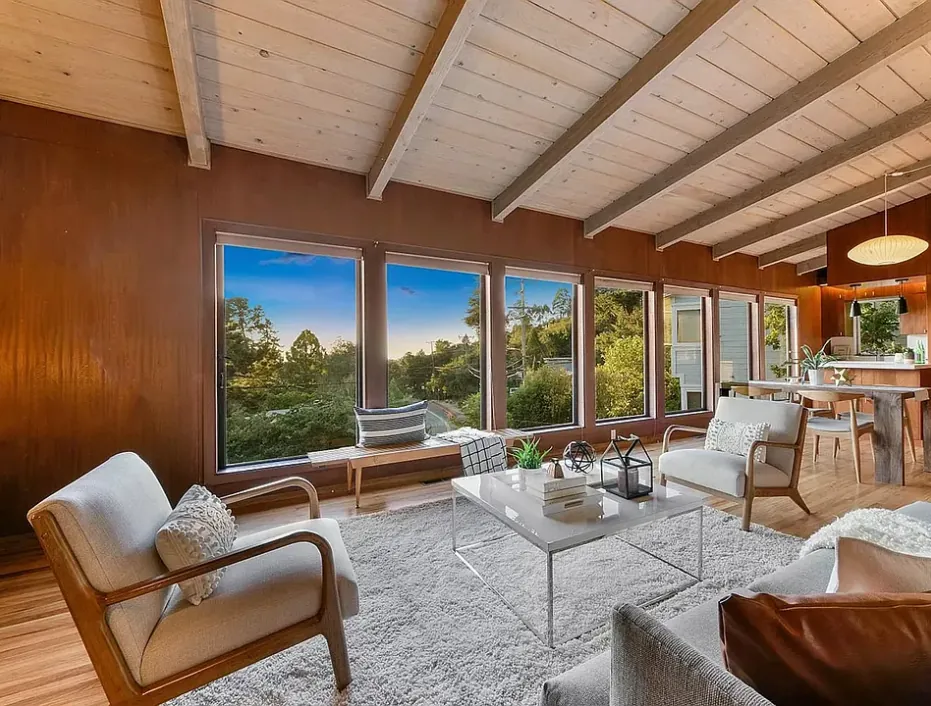 Living room windows at dusk